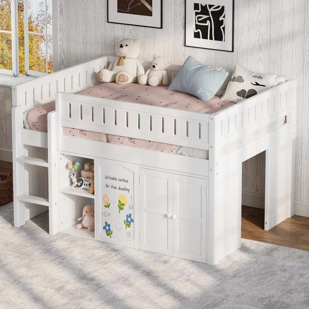 Cama semi-loft para ni&ntilde;os de madera maciza con gabinete de almacenamiento y estanter&iacute;a integrados, c