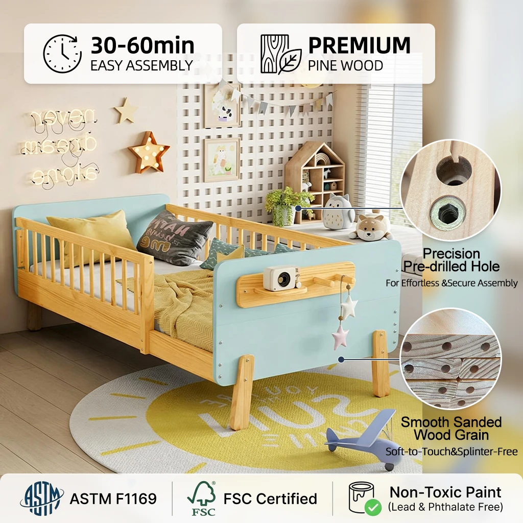 Cama moderna con plataforma de madera maciza para ni&ntilde;os con barandillas de seguridad y estante de al