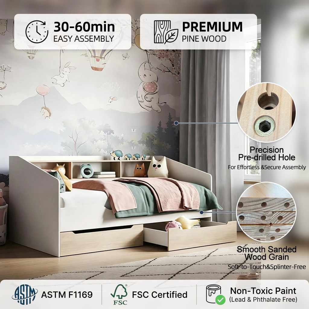 Sof&aacute; cama infantil moderno con estanter&iacute;a integrada y 2 cajones de almacenamiento debajo de la cama,