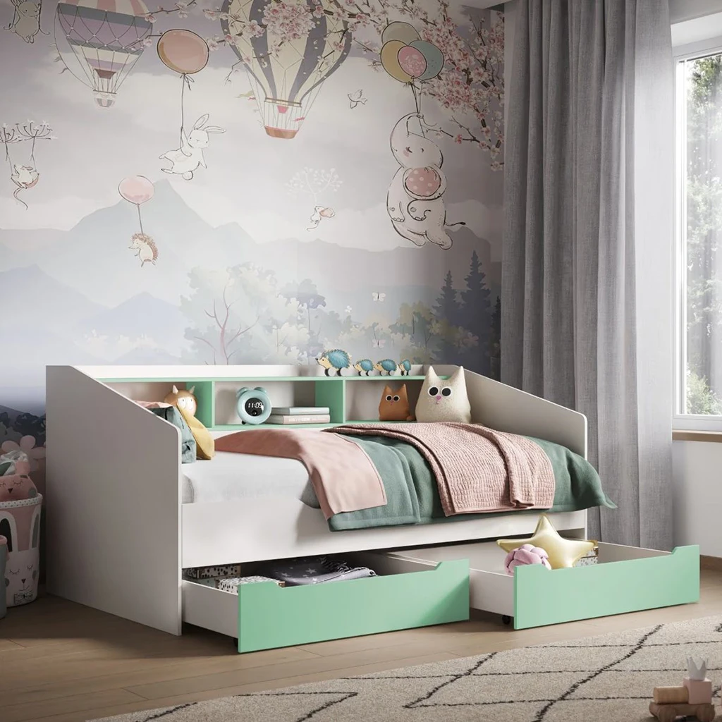 Sof&aacute; cama infantil moderno con estanter&iacute;a integrada y 2 cajones de almacenamiento debajo de la cama,
