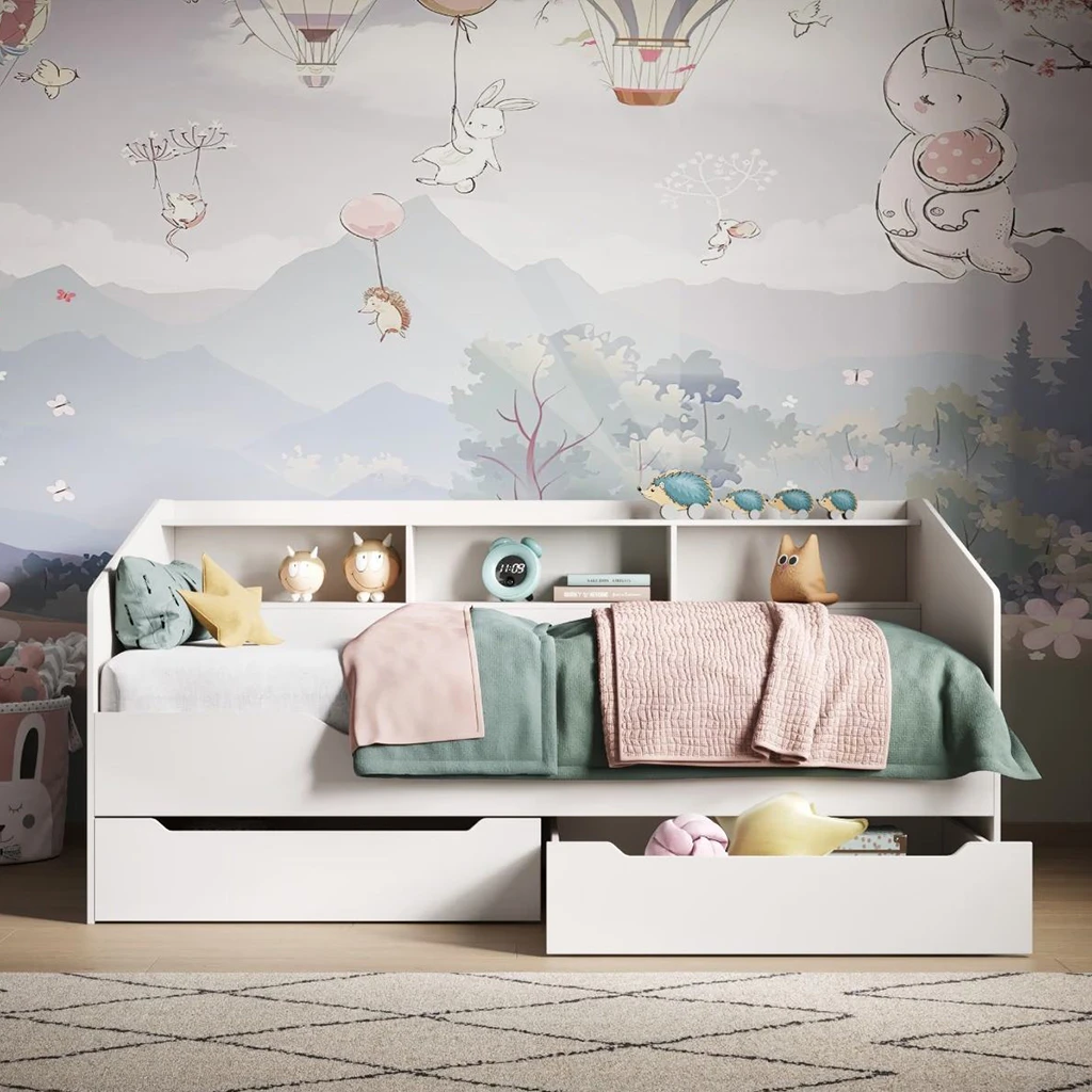 Sof&aacute; cama infantil moderno con estanter&iacute;a integrada y 2 cajones de almacenamiento debajo de la cama,