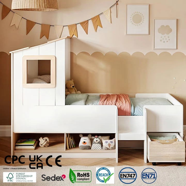 Cama tipo caba&ntilde;a para ni&ntilde;os moderna con estantes de almacenamiento debajo de la cama y caj&oacute;n con rue