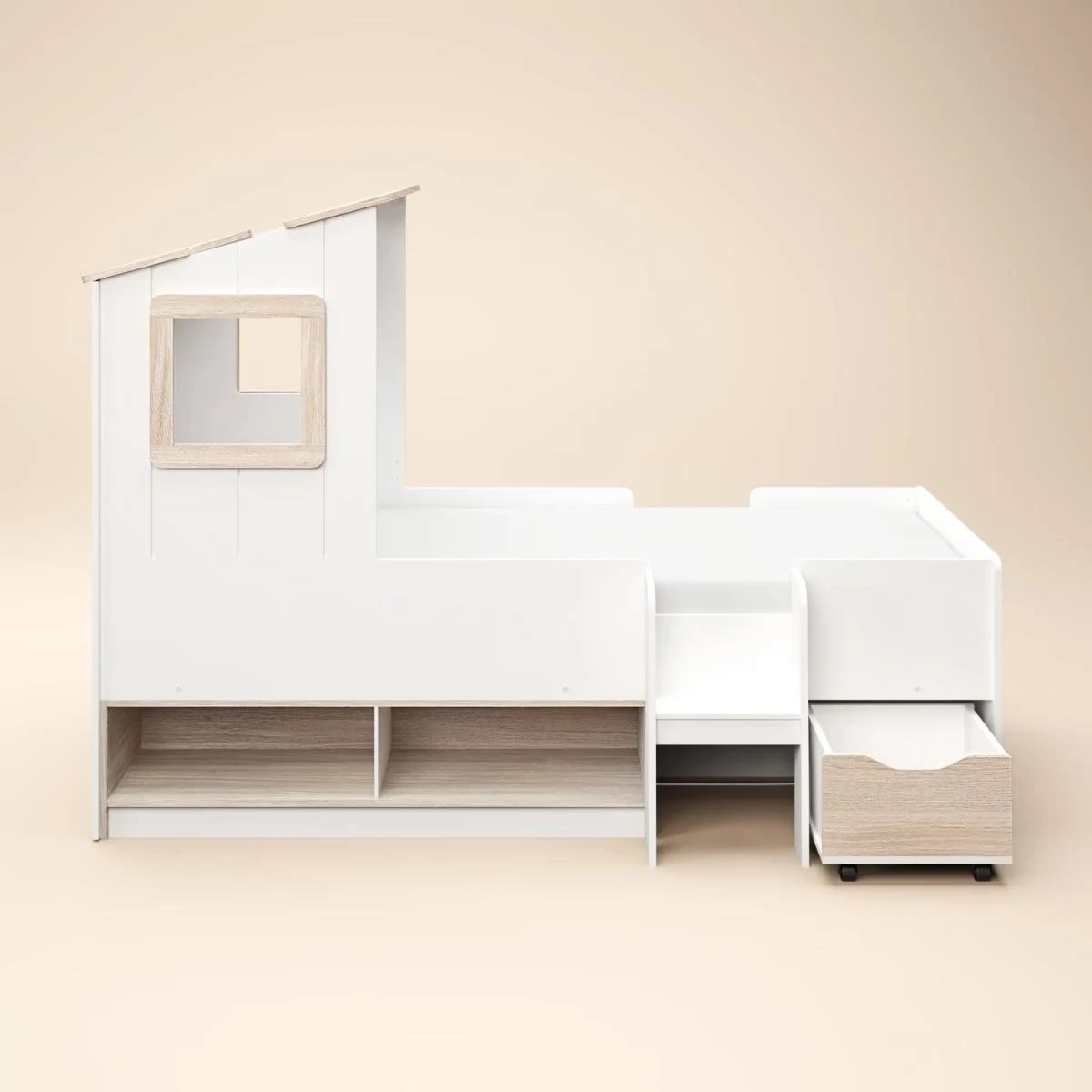 Cama tipo caba&ntilde;a para ni&ntilde;os moderna con estantes de almacenamiento debajo de la cama y caj&oacute;n con rue