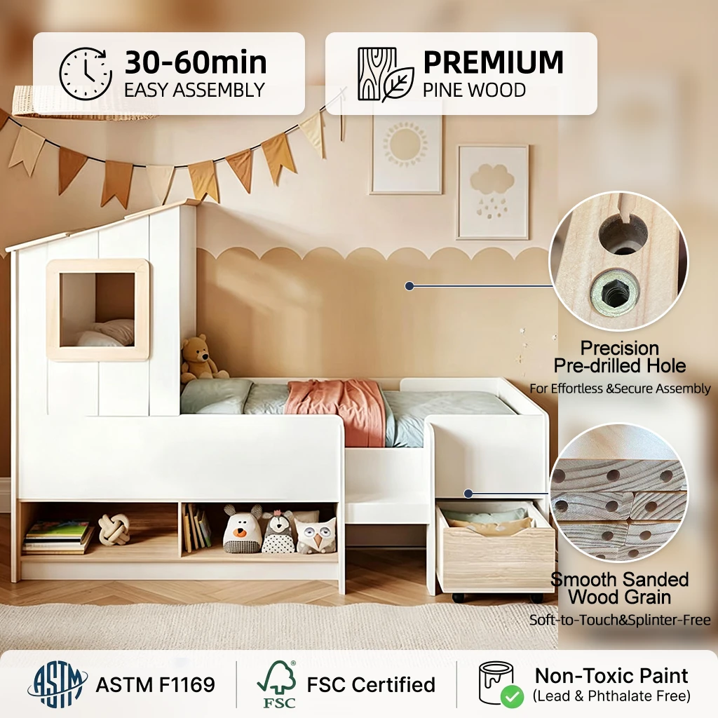 Cama tipo caba&ntilde;a para ni&ntilde;os moderna con estantes de almacenamiento debajo de la cama y caj&oacute;n con rue