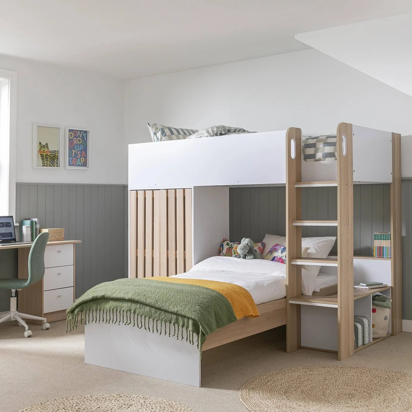 Cama alta multifuncional moderna para ni&ntilde;os con armario y espacio de escritorio integrados, cama dob