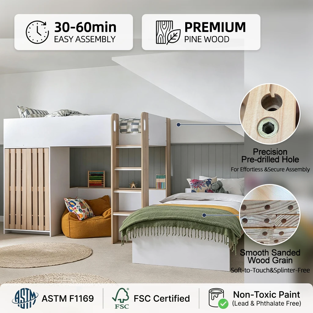 Cama alta multifuncional moderna para ni&ntilde;os con armario y espacio de escritorio integrados, cama dob