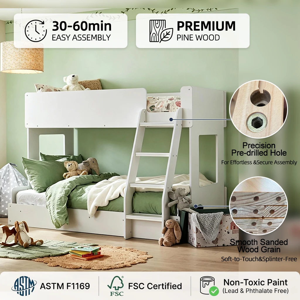 Litera moderna de madera blanca para ni&ntilde;os, cama doble sobre cama alta doble con barandillas de segu