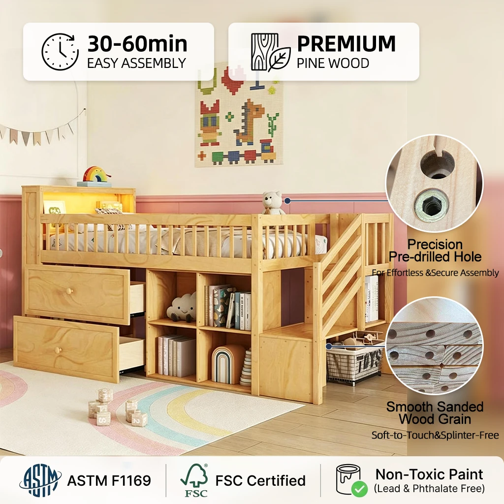 Cama Mid-Loft para ni&ntilde;os moderna de madera maciza con cabecero de almacenamiento LED, estanter&iacute;a int
