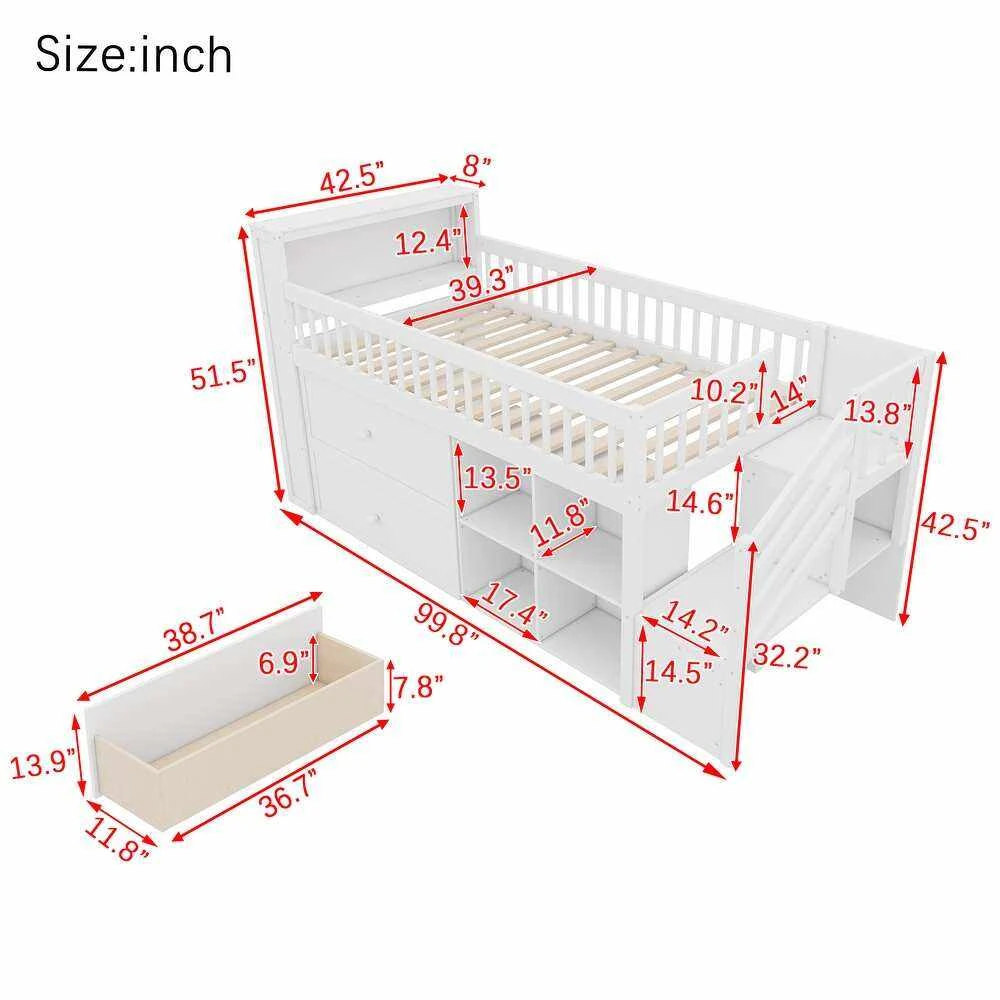 Cama Mid-Loft para ni&ntilde;os moderna de madera maciza con cabecero de almacenamiento LED, estanter&iacute;a int