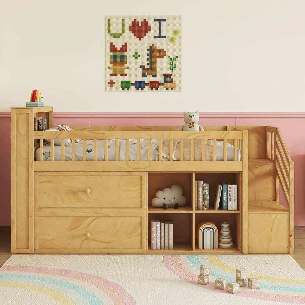 Cama Mid-Loft para ni&ntilde;os moderna de madera maciza con cabecero de almacenamiento LED, estanter&iacute;a int