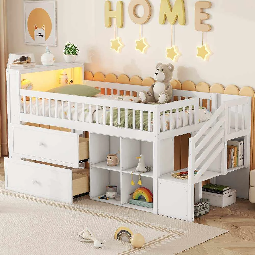 Cama Mid-Loft para ni&ntilde;os moderna de madera maciza con cabecero de almacenamiento LED, estanter&iacute;a int