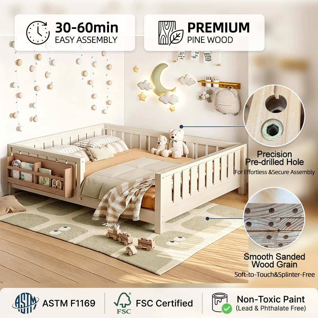 Cama de piso para ni&ntilde;os Montessori con barandillas de seguridad y estanter&iacute;a integrada, ni&ntilde;o peque&ntilde;o