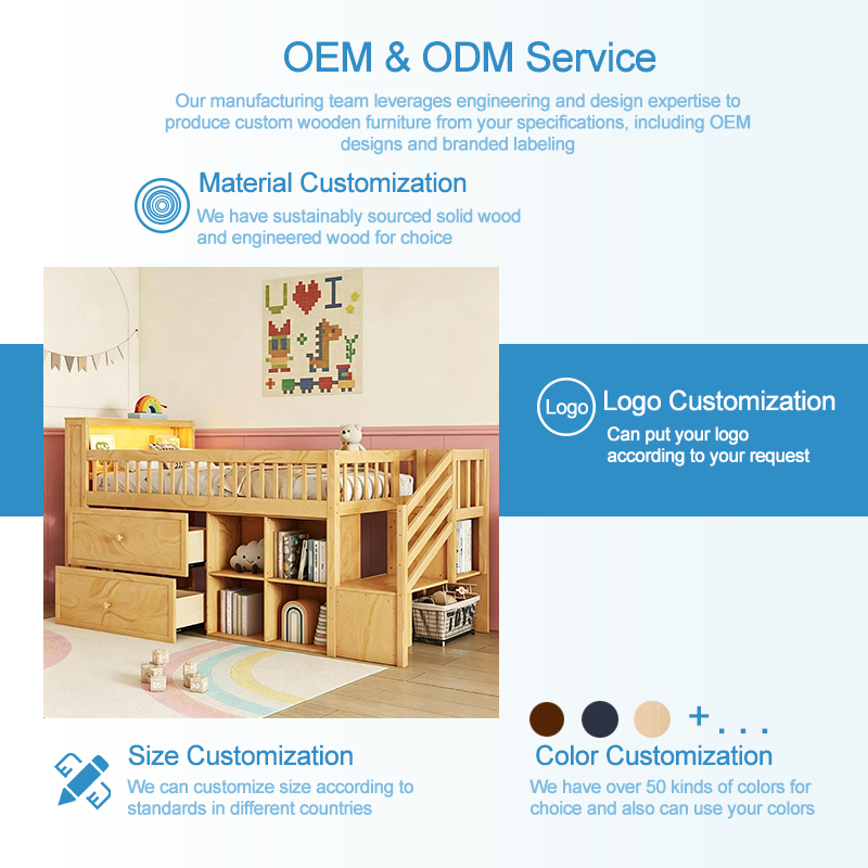 Cama moderna de madera maciza para niños con cabecero de almacenamiento LED, estantería integrada y escaleras de almacenamiento de seguridad, cama con plataforma junior con cajones, acabado de pino natural