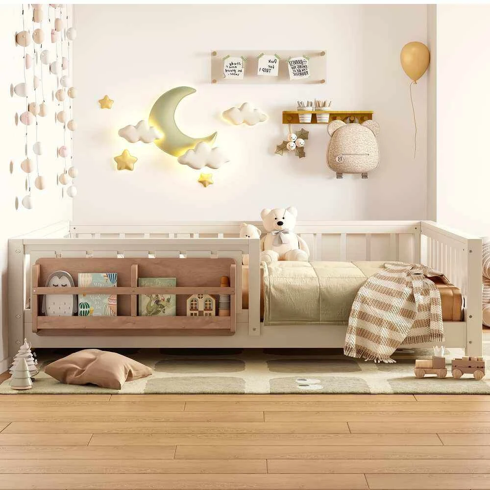 Cama de piso para ni&ntilde;os Montessori con barandillas de seguridad y estanter&iacute;a integrada, ni&ntilde;o peque&ntilde;o