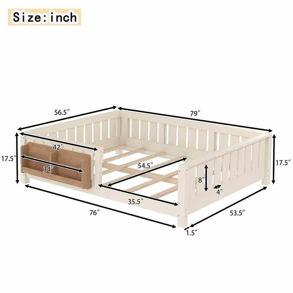Cama de piso para ni&ntilde;os Montessori con barandillas de seguridad y estanter&iacute;a integrada, ni&ntilde;o peque&ntilde;o