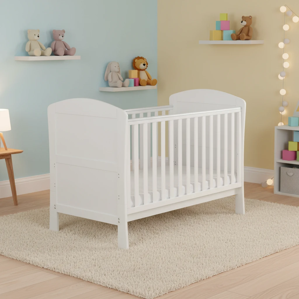 Cuna cl&aacute;sica de madera maciza blanca con cabecera arqueada, cuna infantil de estilo escandinavo mode