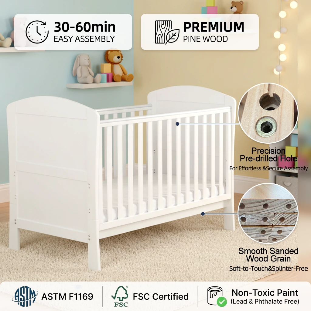 Cuna cl&aacute;sica de madera maciza blanca con cabecera arqueada, cuna infantil de estilo escandinavo mode