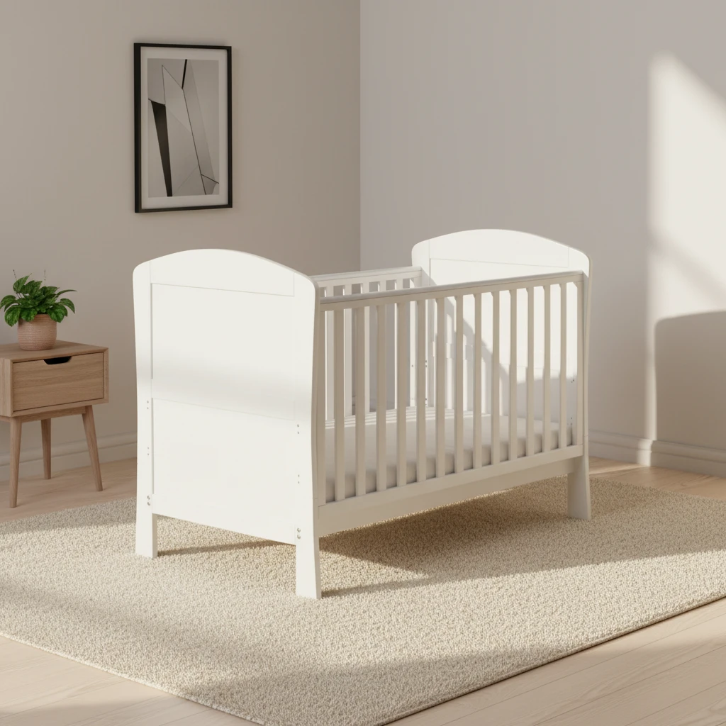Cuna cl&aacute;sica de madera maciza blanca con cabecera arqueada, cuna infantil de estilo escandinavo mode
