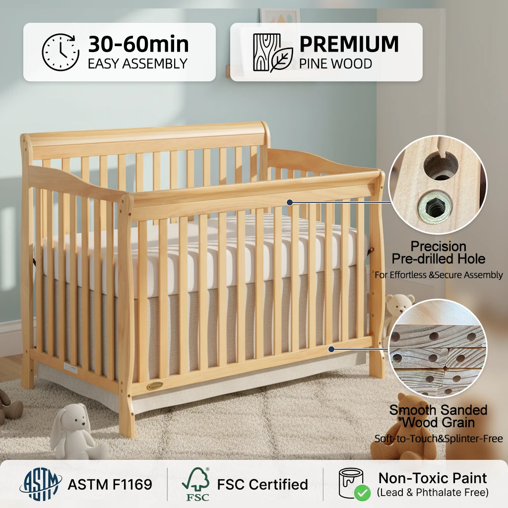 Cuna de beb&eacute; de madera maciza natural de primera calidad con base de colch&oacute;n ajustable, beb&eacute; de esti