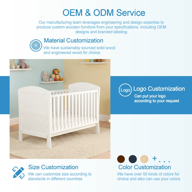 Cuna cl&aacute;sica de madera maciza blanca con cabecera arqueada, cuna infantil de estilo escandinavo mode