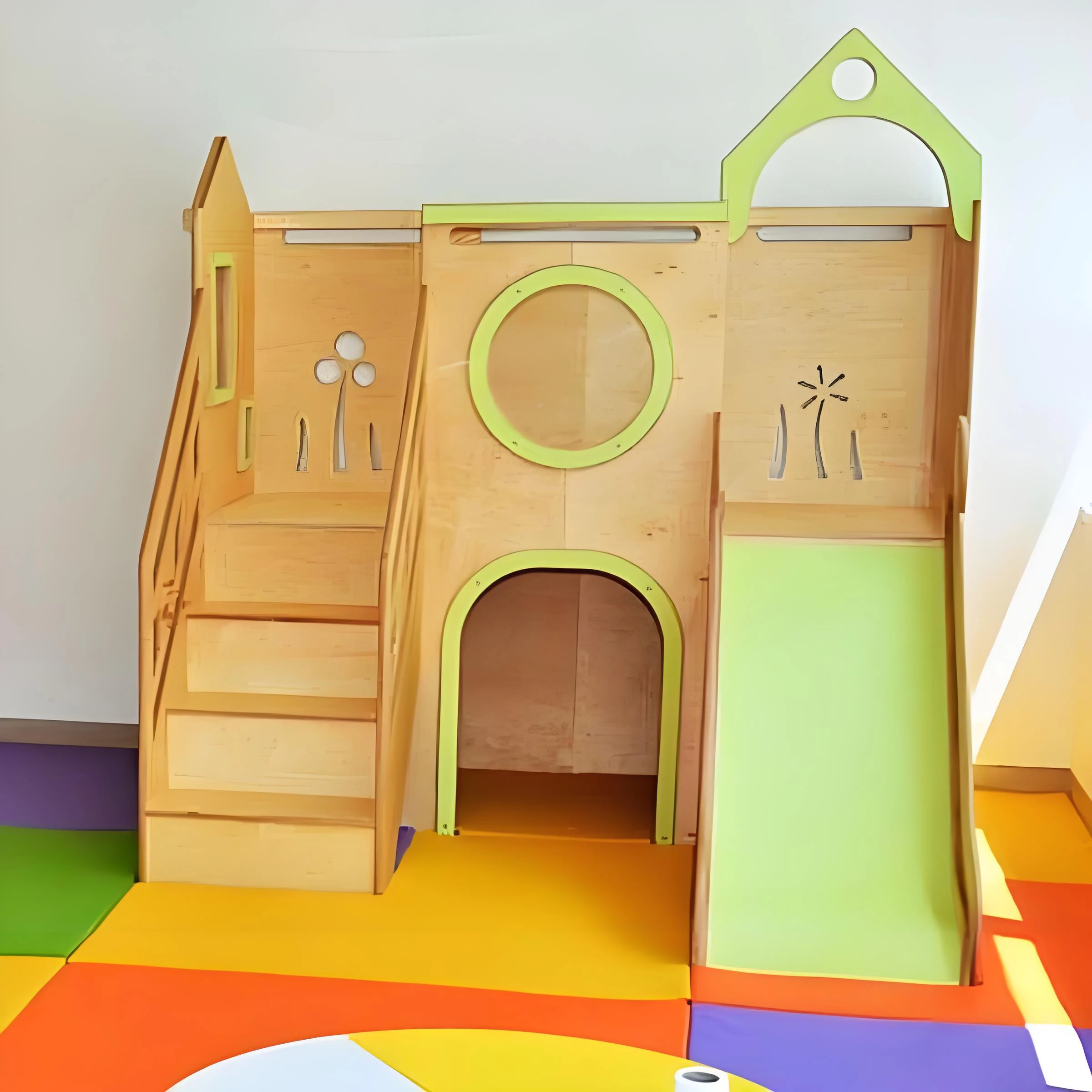 Parque infantil interior de madera moderno para ni&ntilde;os con casa de juegos y tobog&aacute;n integrados, activ