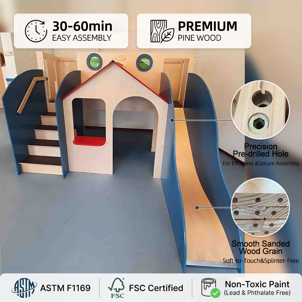 Parque infantil interior de madera moderno para ni&ntilde;os con casa de juegos y tobog&aacute;n integrados, activ
