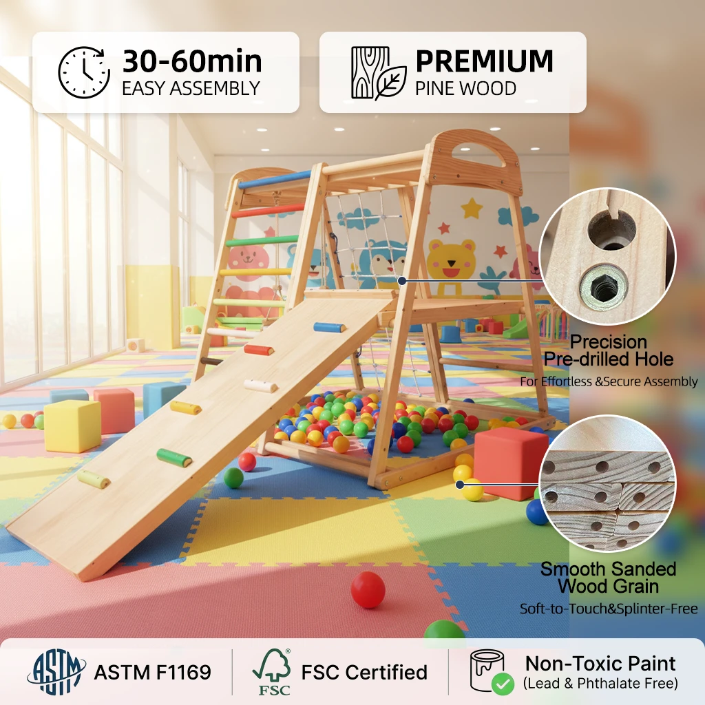 Parque infantil interior de madera Montessori para ni&ntilde;os peque&ntilde;os, gimnasio de escalada multifuncion