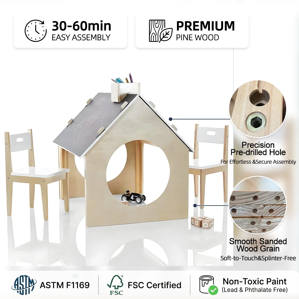 Casa de juegos para ni&ntilde;os de madera Montessori con techo de pizarra y 2 sillas, centro de actividade