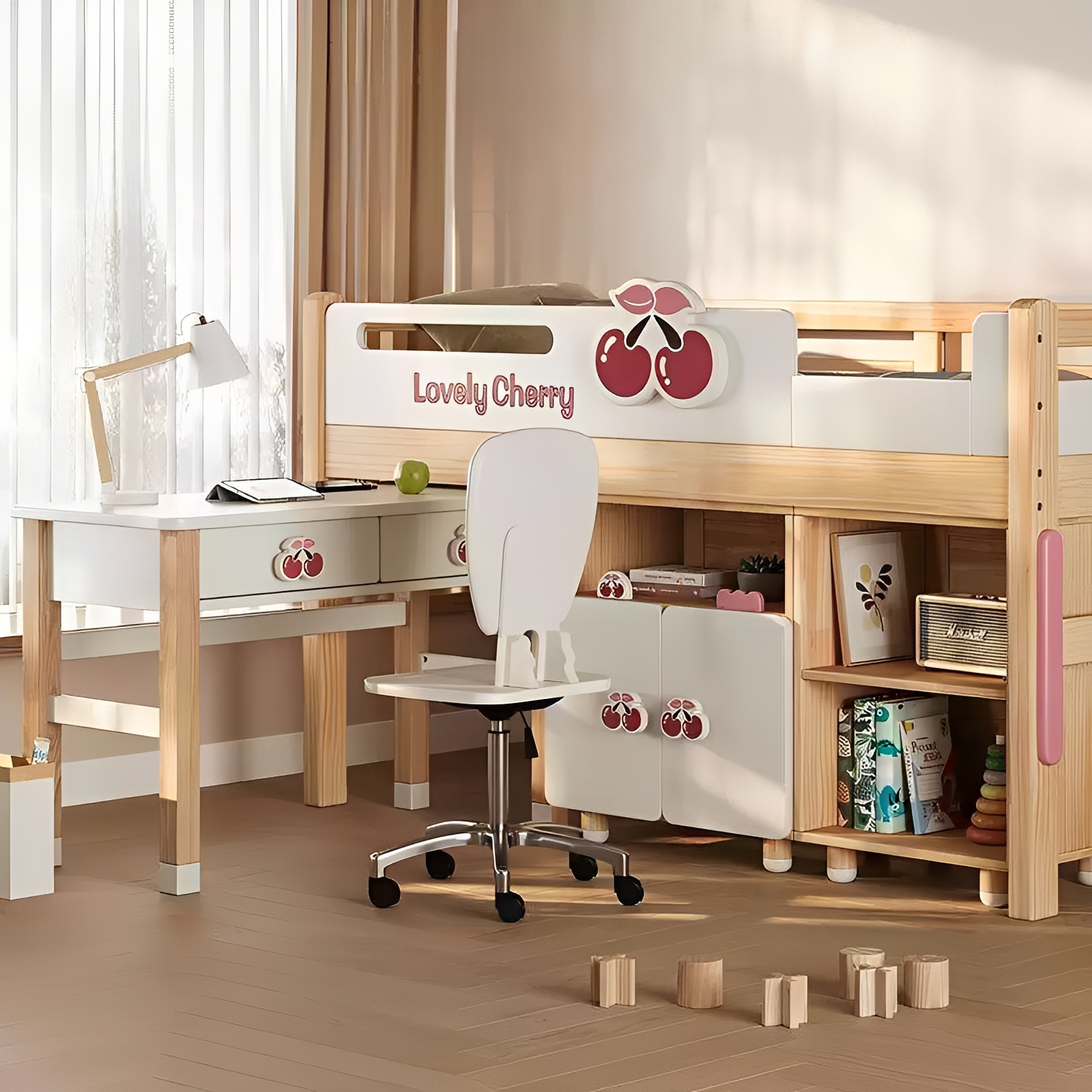 Escritorio infantil moderno con pomos de cerezo y estanter&iacute;a a juego, juego de muebles de estudio pa