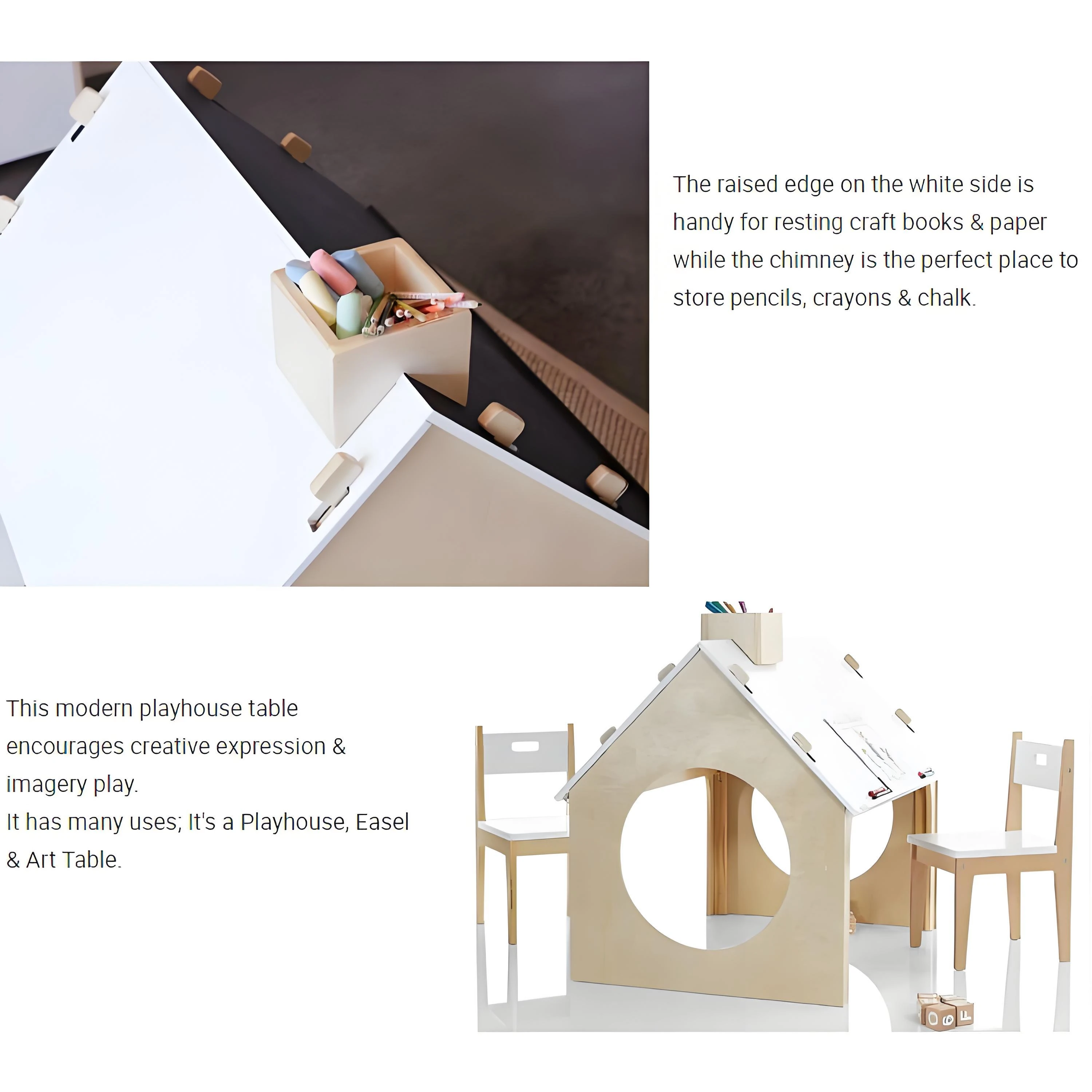 Casa de juegos para ni&ntilde;os de madera Montessori con techo de pizarra y 2 sillas, centro de actividade