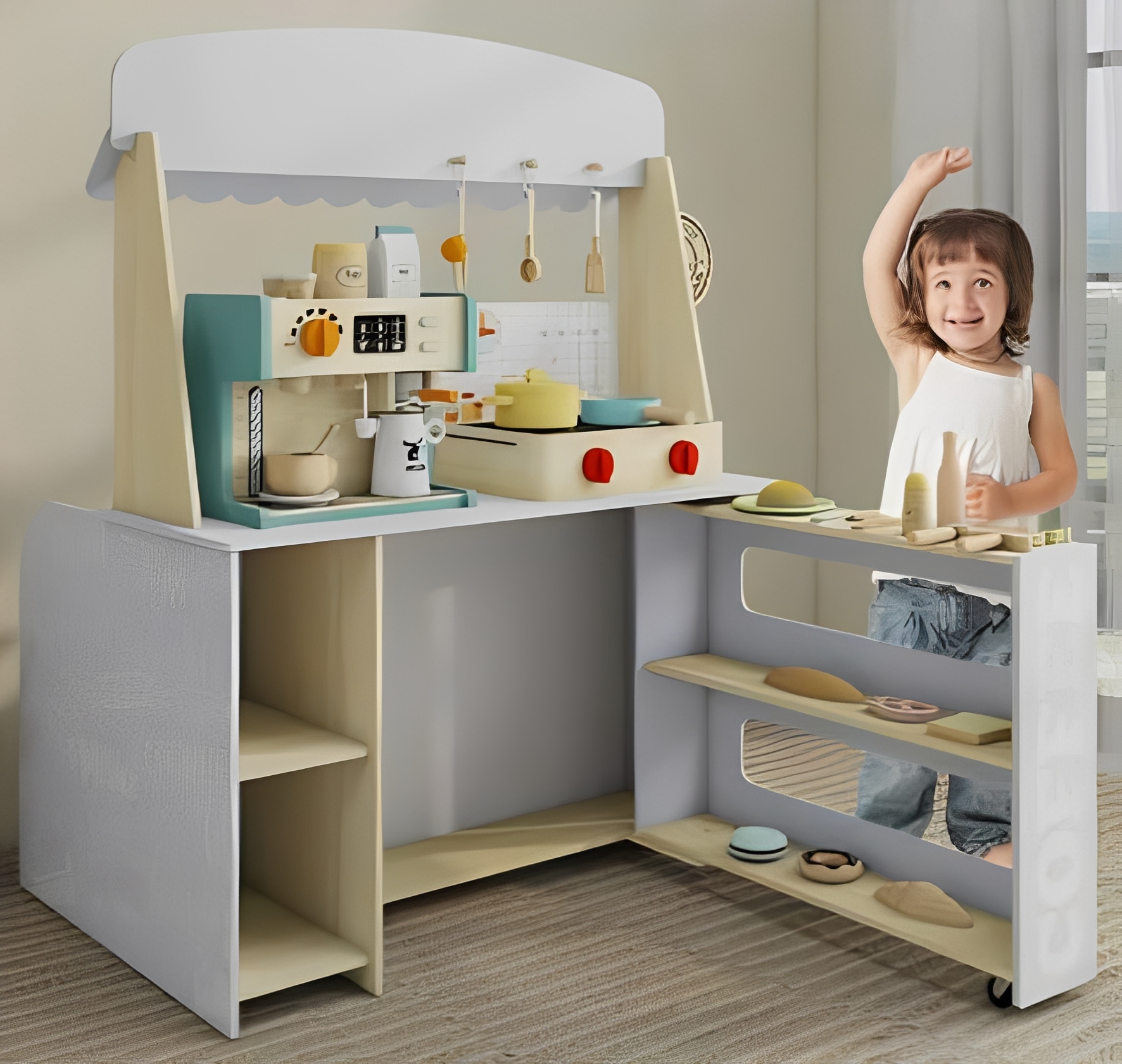 Puesto de juego de cafeter&iacute;a moderno de madera para ni&ntilde;os, mostrador de cafeter&iacute;a de juego de simula