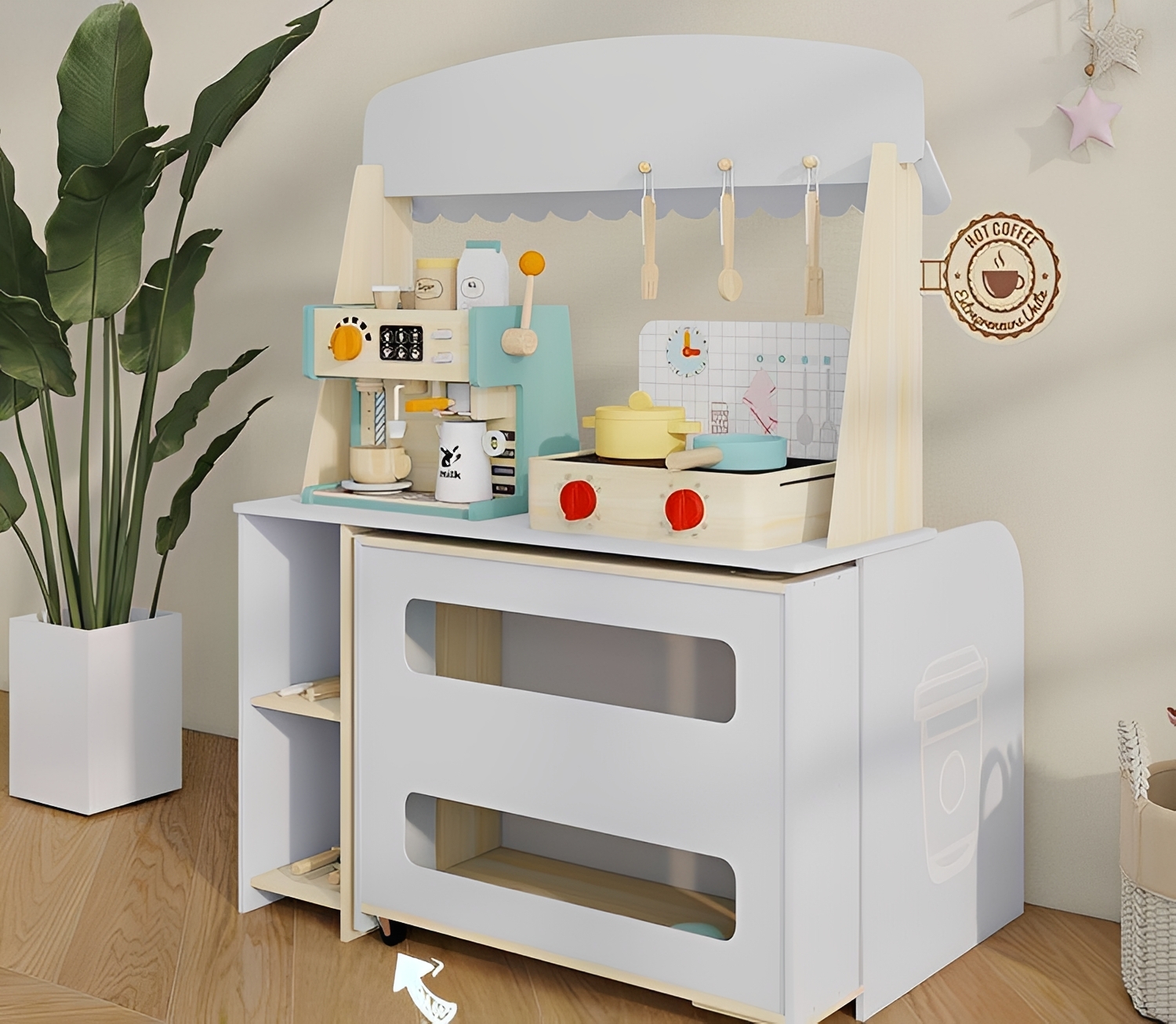 Puesto de juego de cafeter&iacute;a moderno de madera para ni&ntilde;os, mostrador de cafeter&iacute;a de juego de simula