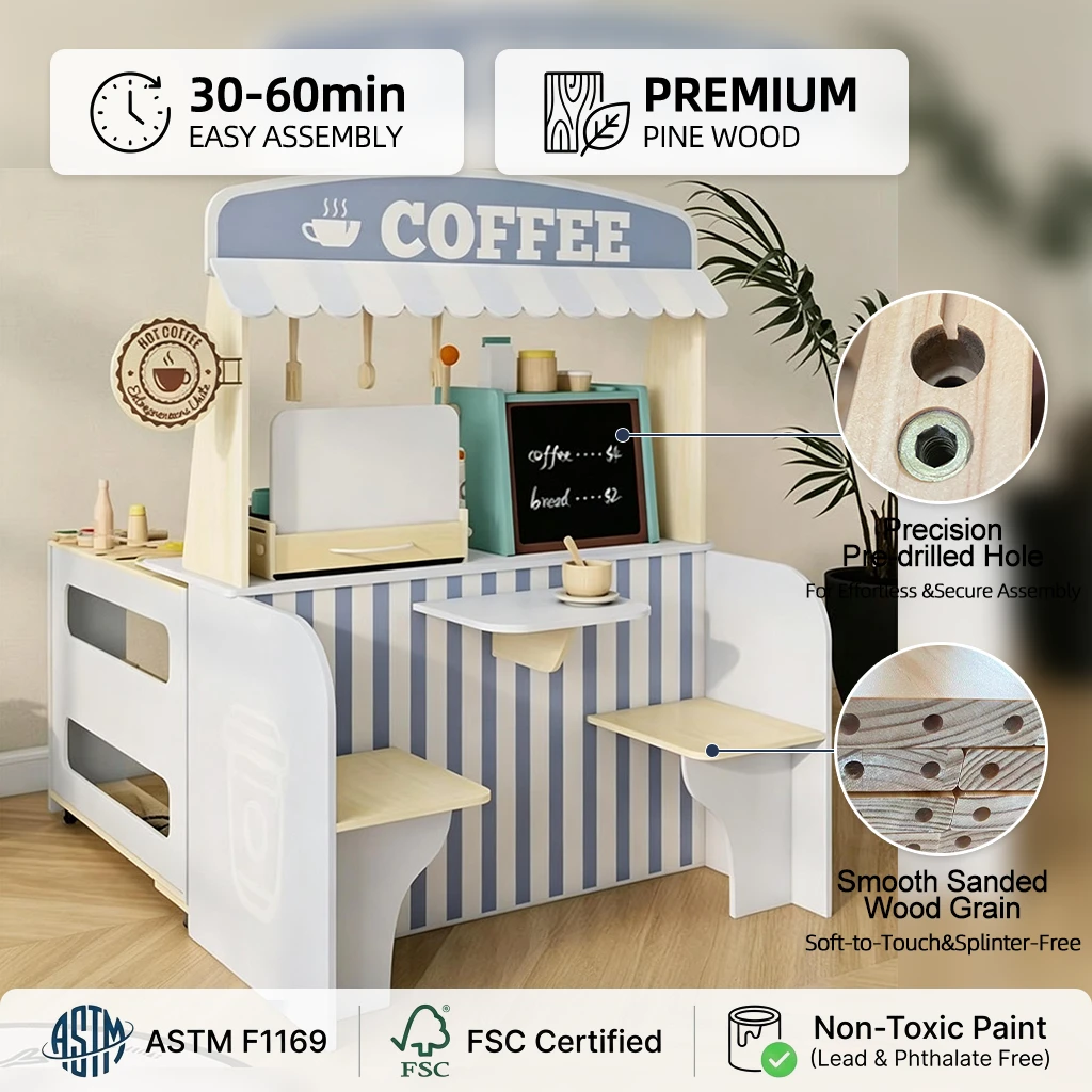Puesto de juego de cafeter&iacute;a moderno de madera para ni&ntilde;os, mostrador de cafeter&iacute;a de juego de simula